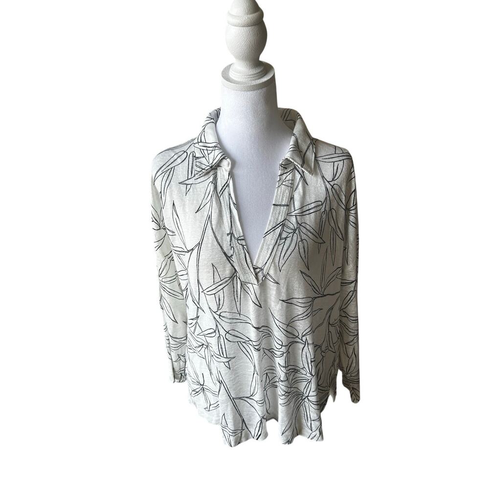 Cynthia Rowley 100% Linen Botanical Leaf Print V-Neck Blouse XL White Black